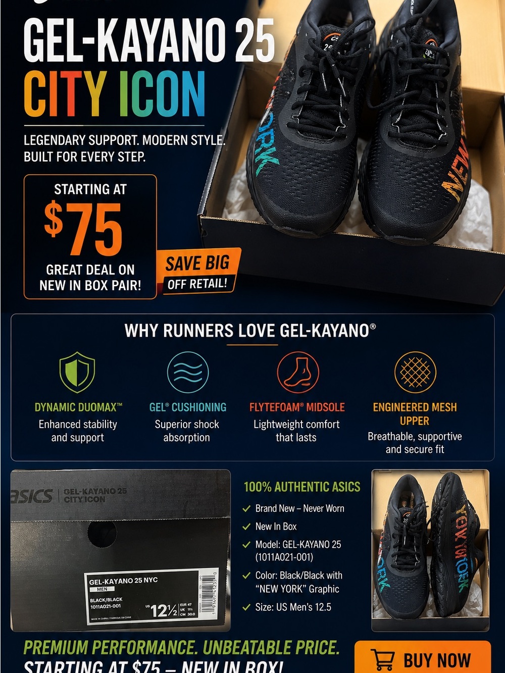 New in Box Asics Gel Kayano 25 NYC Black with  “NEWYORK" Graphic RARE